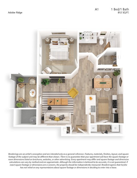 Floor plan for 1 bed, 1 bath, 812 sqft